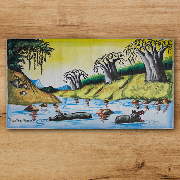 Mathias Funsani, Acrylic on canvas, River and Hippopotamus